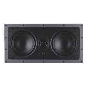 Wall-mounted speaker with dual large woofers and a central tweeter in a black rectangular panel.