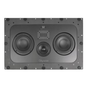 Wall-mounted three-way loudspeaker panel with two large woofers and a central midrange driver, Signature branding.