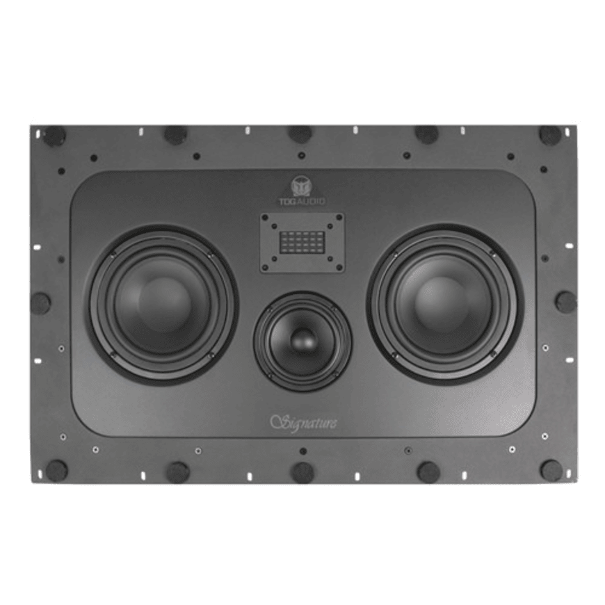 Tdg Audio Iwlcr-66V2 Dual 6.5” 3-Way In-Wall Lcr Speaker Wall-mounted three-way loudspeaker panel with two large woofers and a central midrange driver, signature branding.