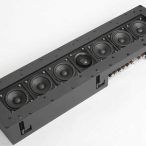 Black rectangular line-array loudspeaker module with eight circular drivers in a row.