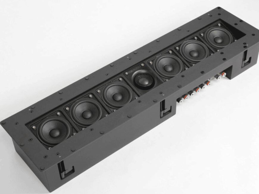 Tdg Audio Skybar™ Lcr Architectural Soundbar Black rectangular line-array loudspeaker module with eight circular drivers in a row.
