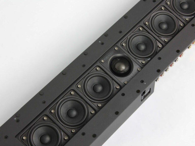 Tdg Audio Skybar™ Lcr Architectural Soundbar Line-array loudspeaker module with multiple circular drivers in a dark enclosure.