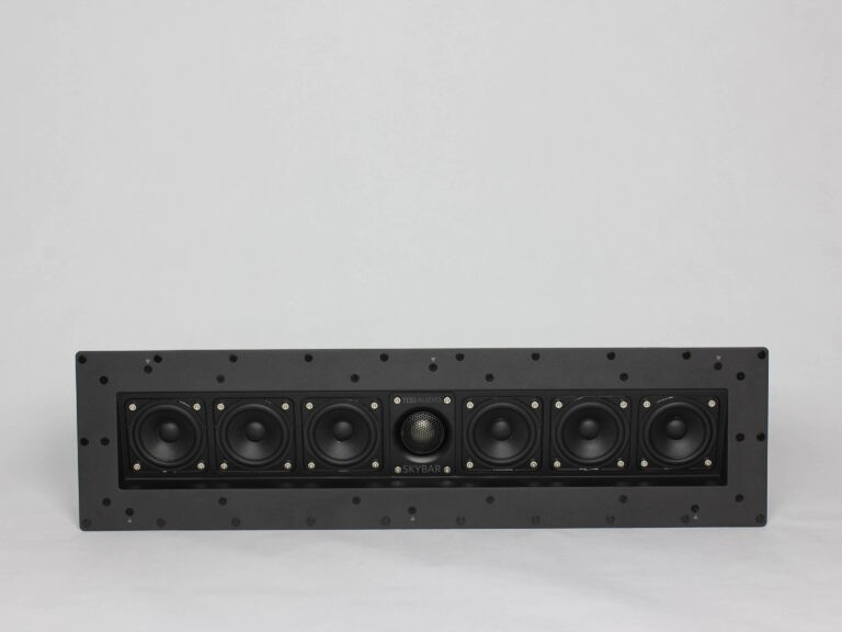 Tdg Audio Skybar™ Lcr Architectural Soundbar Long black multi-driver speaker bar with multiple drivers and a central tweeter in a slim metal enclosure.