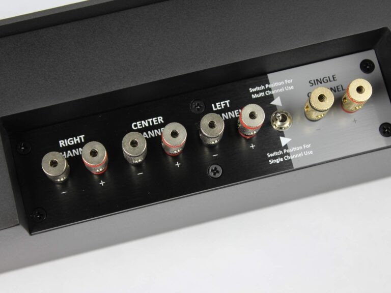 Tdg Audio Skybar™ Lcr Architectural Soundbar Rear panel of multi-channel amplifier with binding posts labeled right channel, center channel, left channel, and single channel.