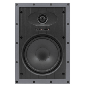 Studio monitor loudspeaker with a large woofer and small tweeter in a gray rectangular enclosure.