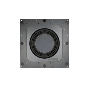 Signature in-wall speaker with large circular driver in a square metal mounting plate.
