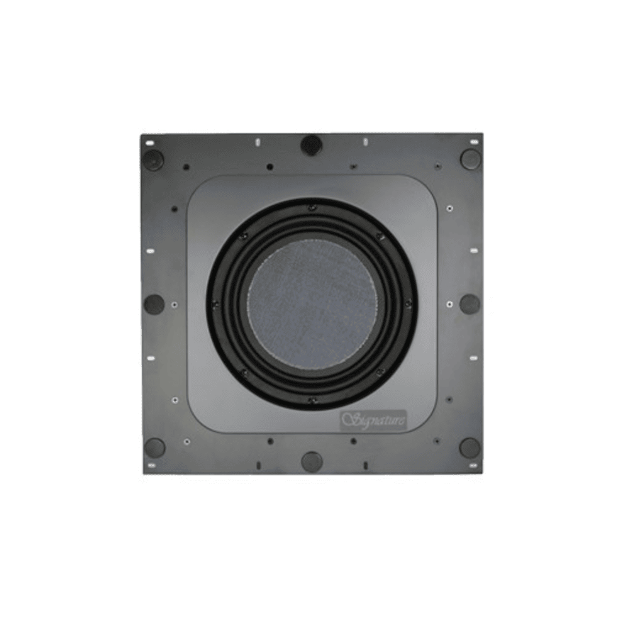 Tgd Audio Iws-10 10” In-Wall Subwoofer Signature in-wall speaker with large circular driver in a square metal mounting plate.