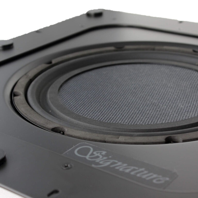 Tgd Audio Iws-10 10” In-Wall Subwoofer Close-up of a black speaker driver labeled q signature, featuring a textured cone and circular mounting frame.