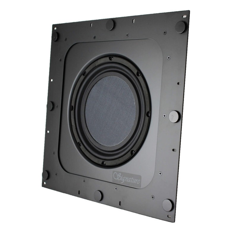 Tgd Audio Iws-10 10” In-Wall Subwoofer Signature in-wall speaker with circular driver and black surround mounted on a square gray plate.