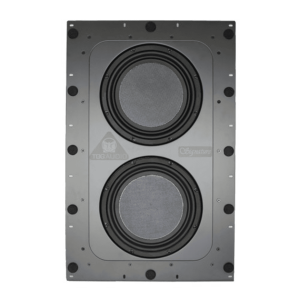 Gray metal dual-driver subwoofer panel with two circular speakers and mounting holes around the frame.