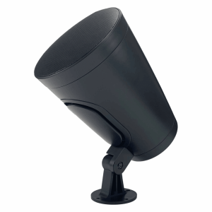 Black microphone with a round mesh grille mounted on an adjustable desk stand with a circular base.
