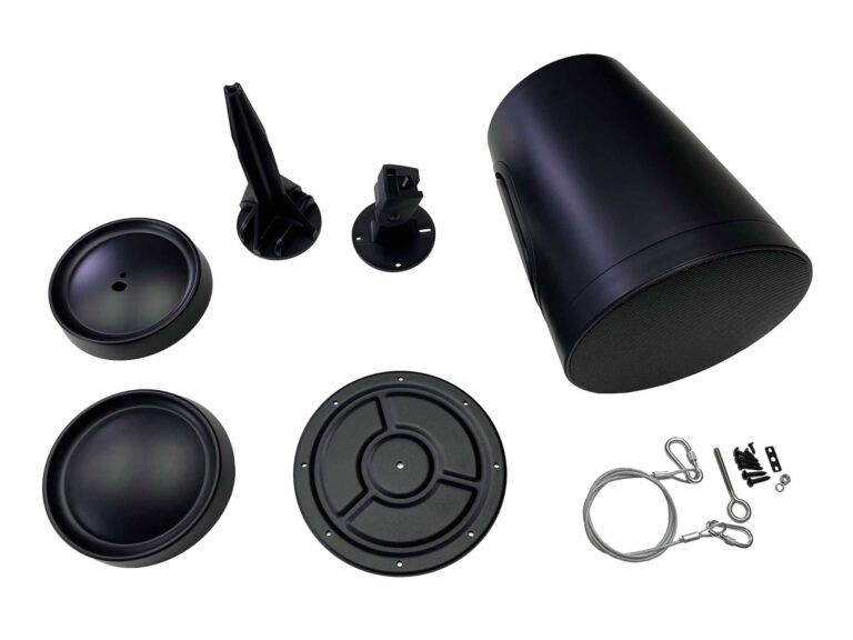 Tgd Audio Rlps-5T 5″ Indoor–Outdoor Commercial Speaker Black car subwoofer enclosure with cylindrical bass tube, circular speaker assemblies, and mounting hardware.