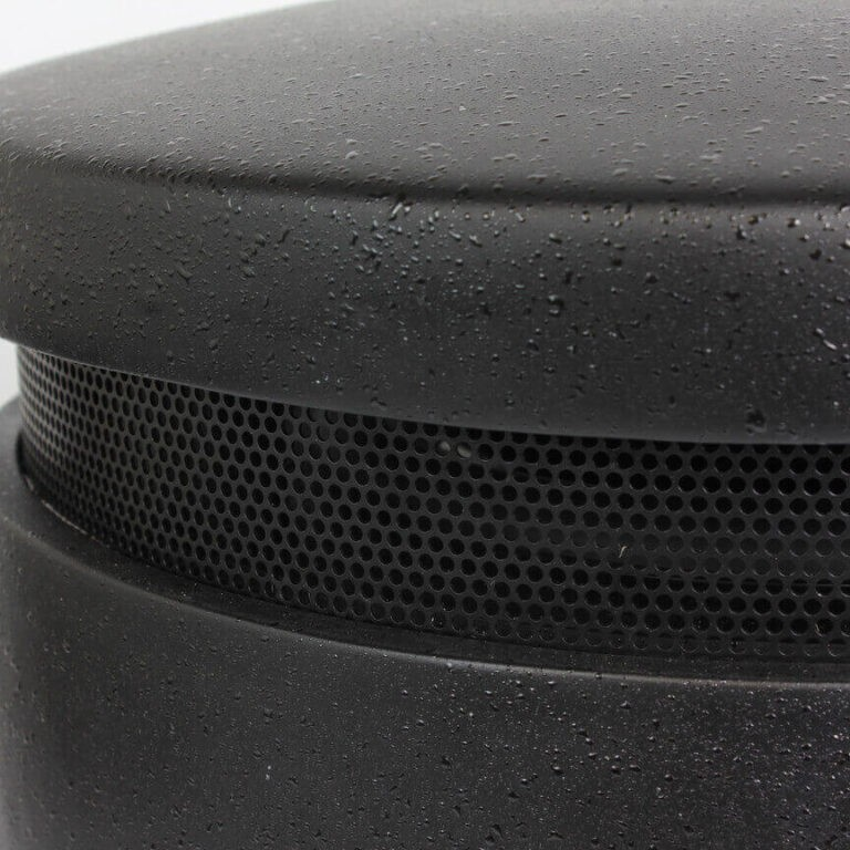 Tgd Audio Ols-Subv210″ Landscape Subwoofer Black wireless bluetooth speaker with a perforated circular grille around the midsection and a matte top with water droplets.