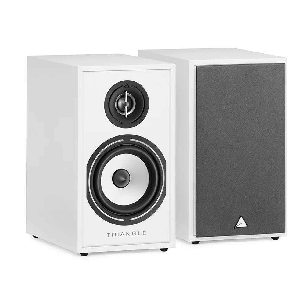 Triangle Borea Br02 Hi-Fi Bookshelf Speaker Triangle white bookshelf speakers, one with exposed woofer and tweeter, the other with grille.