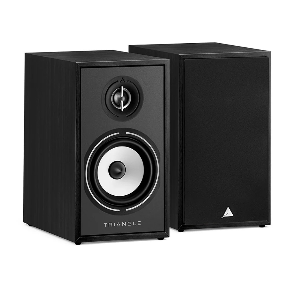 Triangle Borea Br02 Hi-Fi Bookshelf Speaker Triangle black bookshelf speakers, two-way with silver woofer and tweeter, pair with one grille removed.