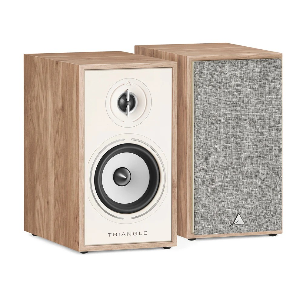 Triangle Borea Br02 Hi-Fi Bookshelf Speaker Triangle two-way bookshelf speakers in wood veneer; left front shows tweeter and woofer, right speaker has fabric grille.