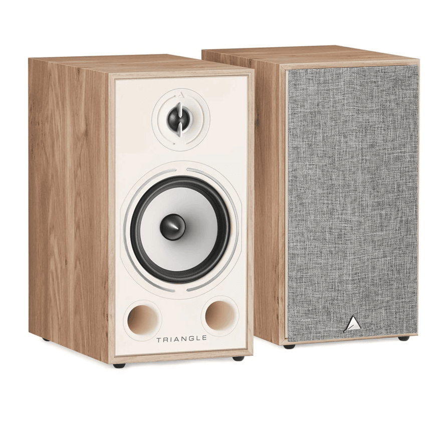Triangle Borea Br03 Hi-Fi Bookshelf Speaker Triangle wood-veneer bookshelf speakers; left unit shows a large woofer and tweeter with ports, right unit in gray fabric grille