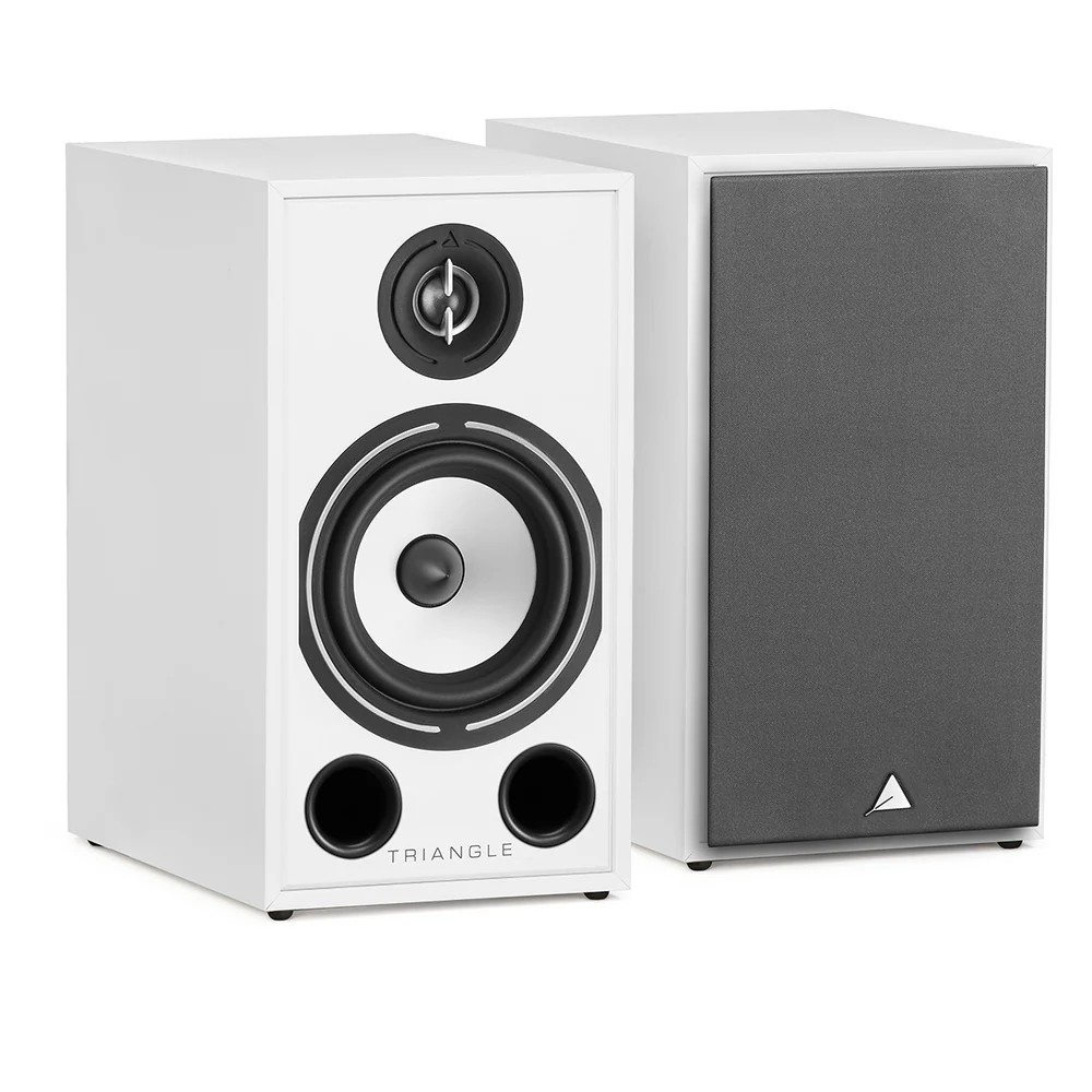 Triangle Borea Br03 Hi-Fi Bookshelf Speaker Pair of white triangle bookshelf speakers; left has woofer, tweeter, and two bass ports; right has fabric grille.