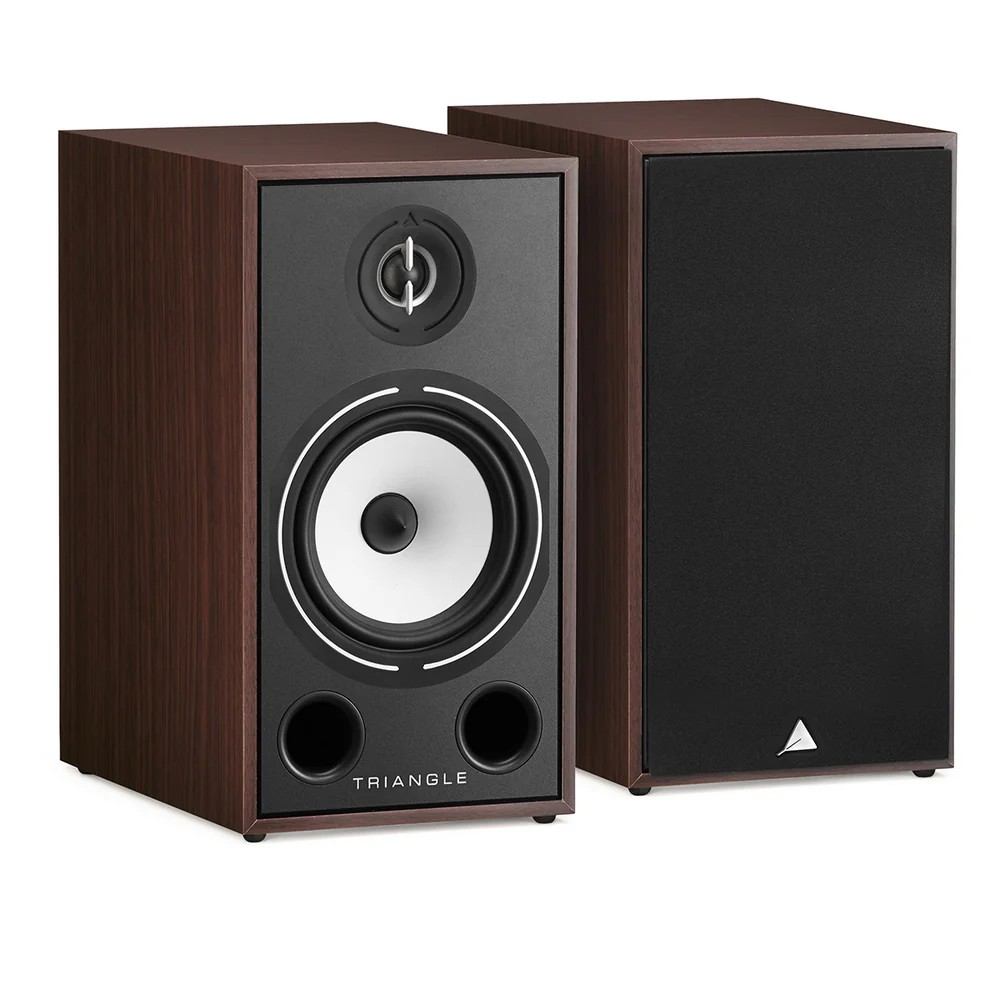 Triangle Borea Br03 Hi-Fi Bookshelf Speaker Triangle bookshelf speakers in wood veneer with black front panel, white woofer, tweeter, and two bass ports.