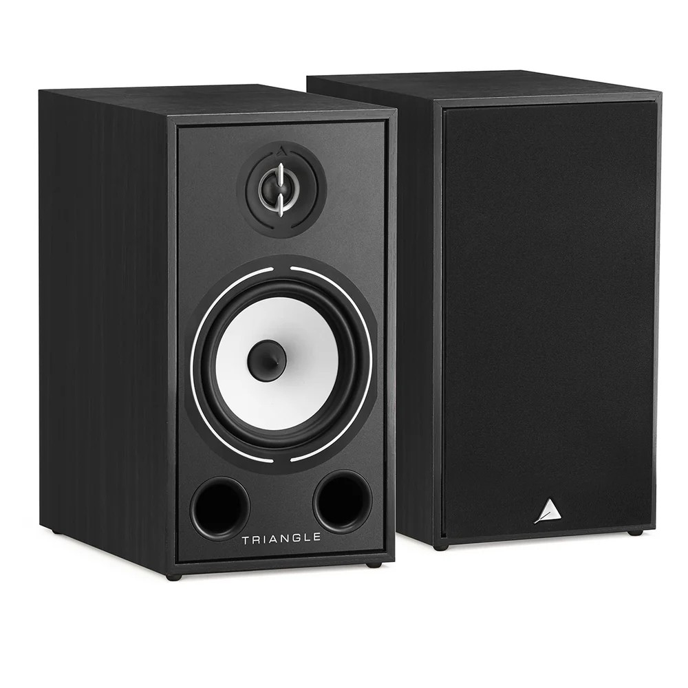 Triangle Borea Br03 Hi-Fi Bookshelf Speaker Triangle brand bookshelf speakers with white woofer, round tweeter, dual front ports, black cabinets.