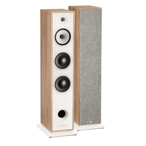 Triangle floorstanding loudspeakers with wood veneer sides, white front panel, three drivers (tweeter and two woofers) and a bottom port