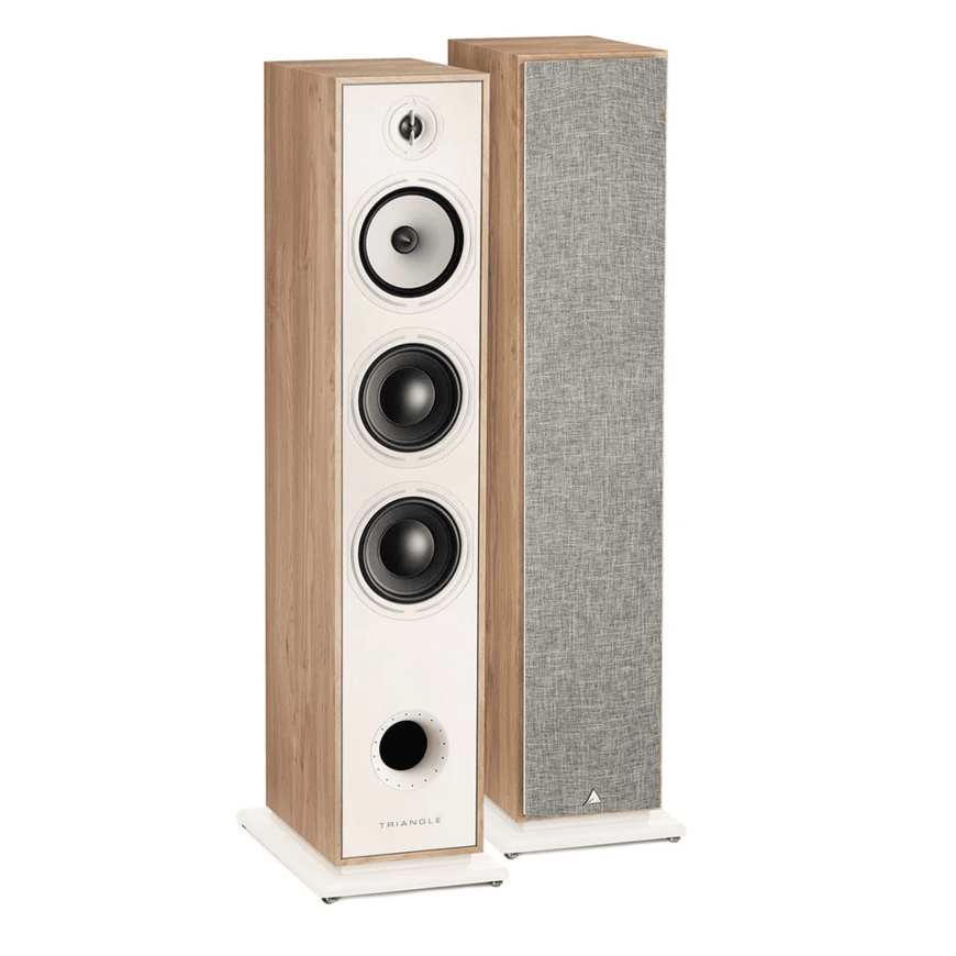 Triangle Borea Br08 Hi-Fi Floorstanding Speaker Triangle floorstanding loudspeakers with wood veneer sides, white front panel, three drivers (tweeter and two woofers) and a bottom port