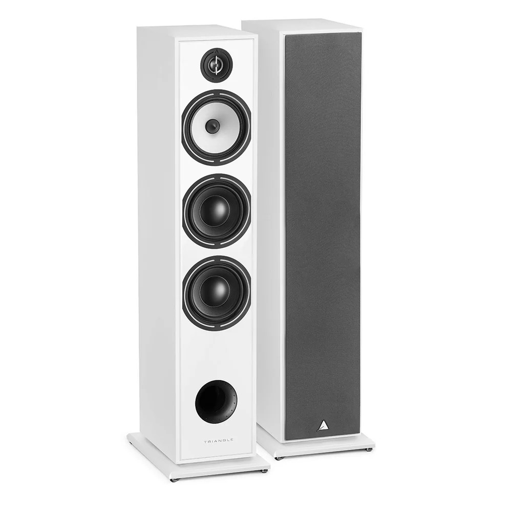 Triangle Borea Br08 Hi-Fi Floorstanding Speaker White triangle floor-standing speakers with multiple drivers; right speaker features a gray fabric grille.