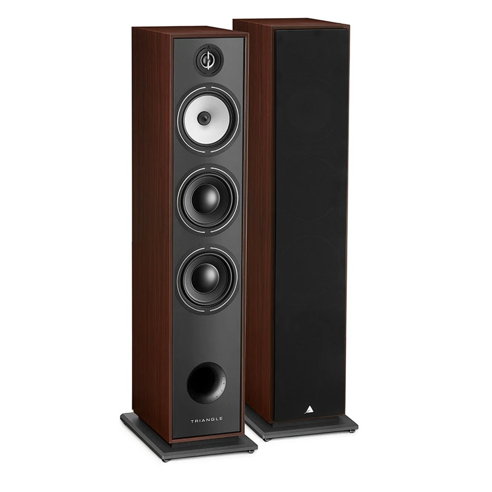 Triangle Borea Br08 Hi-Fi Floorstanding Speaker Triangle floor-standing speakers with wood veneer cabinets and gray front panel featuring four drivers and a bottom port.