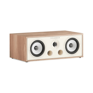 Triangle wooden speaker with cream front panel, two large drivers, a central control knob, and two circular ports.