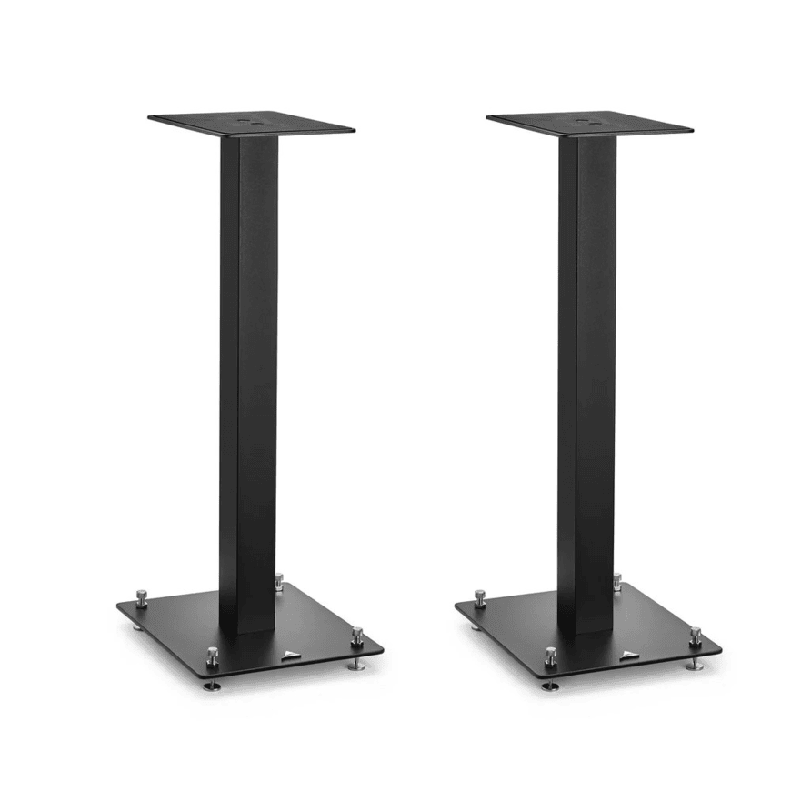 Triangle S01 Speaker Stands (Pair) – Matte Black Pair of black metal speaker stands with square bases and flat top plates.