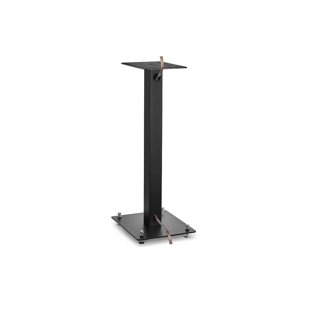 Triangle S01 Speaker Stands (Pair) – Matte Black Black metal speaker stand with square top plate, tall rectangular column, and four-bolt base with visible cables.