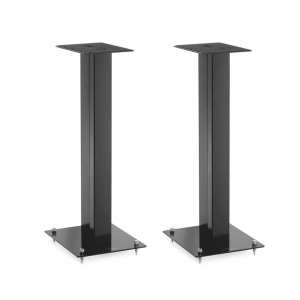 Pair of black metal speaker stands with square top plates and spiked bases.