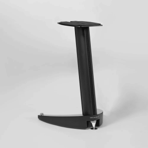 Triangle brand black speaker stand with curved base, tall vertical column, and square top mounting plate.
