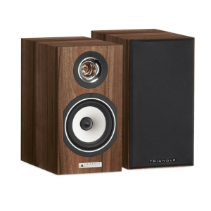 Triangle wood veneer bookshelf speakers with exposed tweeter and woofer on the left and a grille-covered speaker on the right.