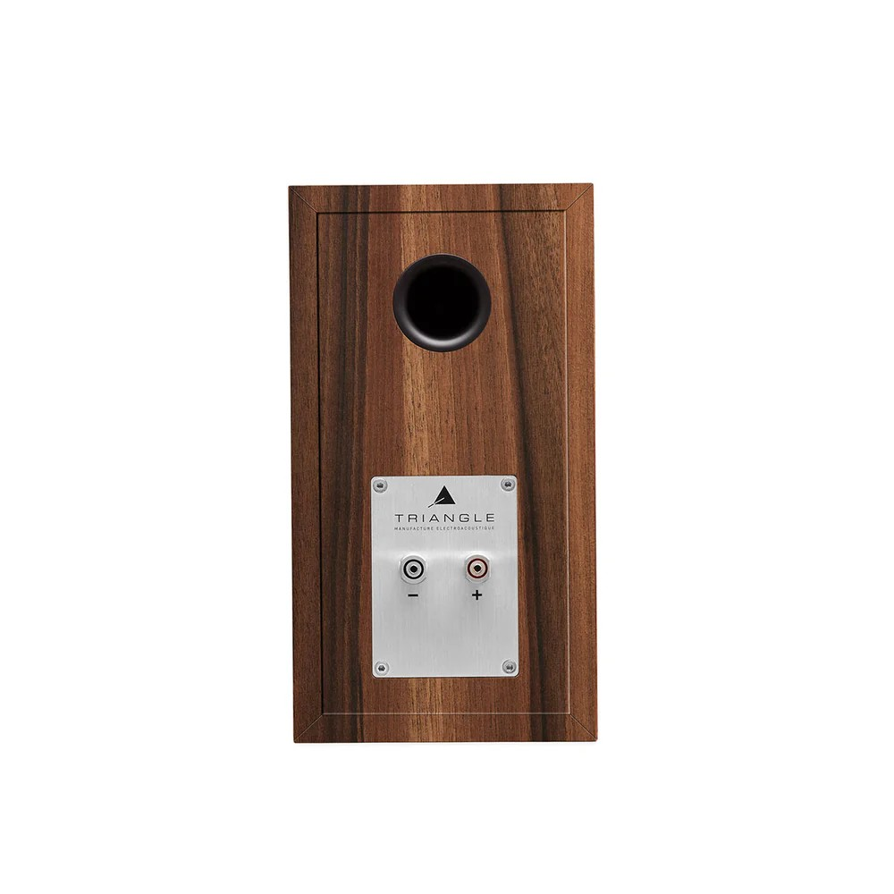 Triangle Audio Titus Ez Triangle wooden speaker with metal binding posts and circular rear port in a walnut veneer