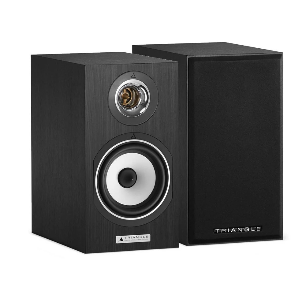 Triangle Audio Titus Ez Triangle black wood bookshelf speakers, one with grille on, other exposing white woofer and copper-tinted tweeter.