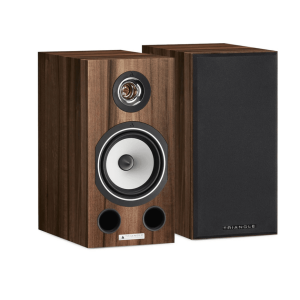 Triangle bookshelf speaker with wood veneer cabinet, white woofer, small dome tweeter, and two front bass-reflex ports.