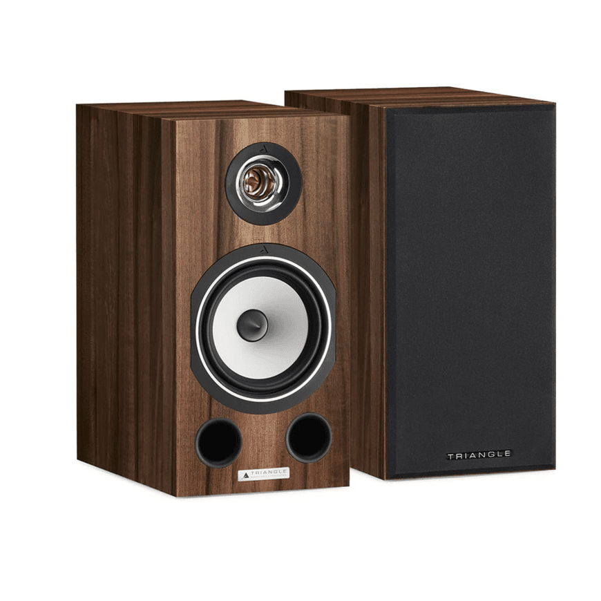 Triangle Comète Ez Triangle bookshelf speaker with wood veneer cabinet, white woofer, small dome tweeter, and two front bass-reflex ports.