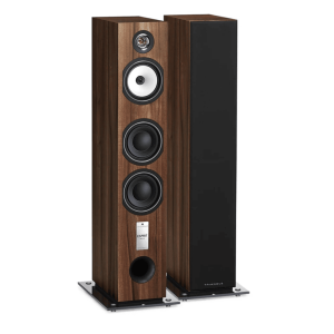 Triangle Esprit floor-standing loudspeakers with walnut veneer, featuring tweeter, white midrange, two black woofers and bass port.