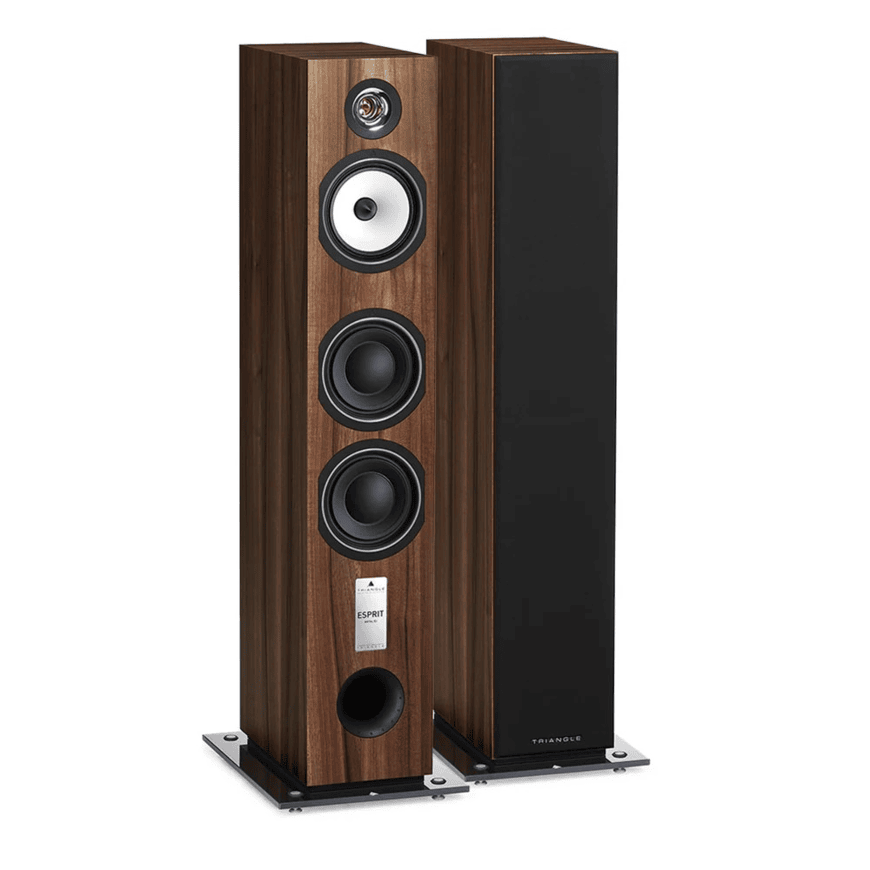 Hi-Fi Floorstanding Speaker – Triangle Antal Ez Triangle esprit floor-standing loudspeakers with walnut veneer, featuring tweeter, white midrange, two black woofers and bass port.