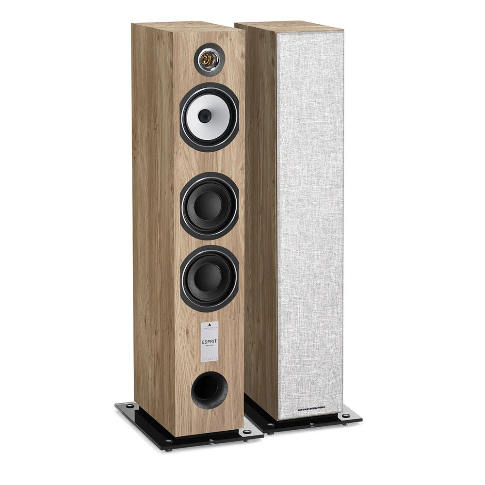 Hi-Fi Floorstanding Speaker – Triangle Antal Ez Pair of floorstanding esprit speakers with wood veneer and a fabric grille, featuring multiple drivers and a bottom port.