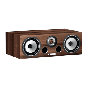 Triangle wooden center speaker with two large woofers, a central midrange/tweeter, and ported cabinet.
