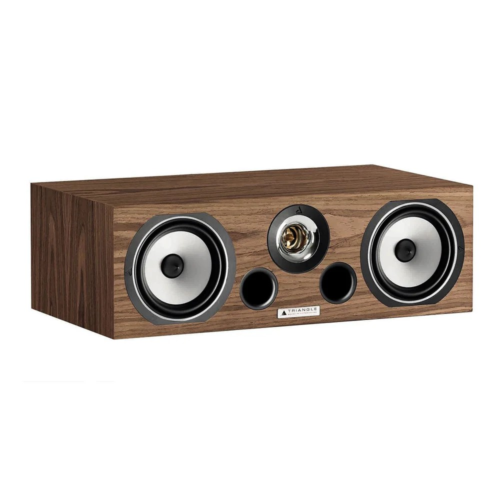 Center Channel – Triangle Voce Ez Triangle walnut finished center-channel loudspeaker with two large silver woofers, a central driver exposing coil, and two front bass ports.