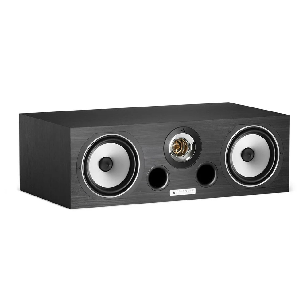 Center Channel – Triangle Voce Ez Triangle center-channel loudspeaker with two white cone woofers, a central driver, and two front bass ports.