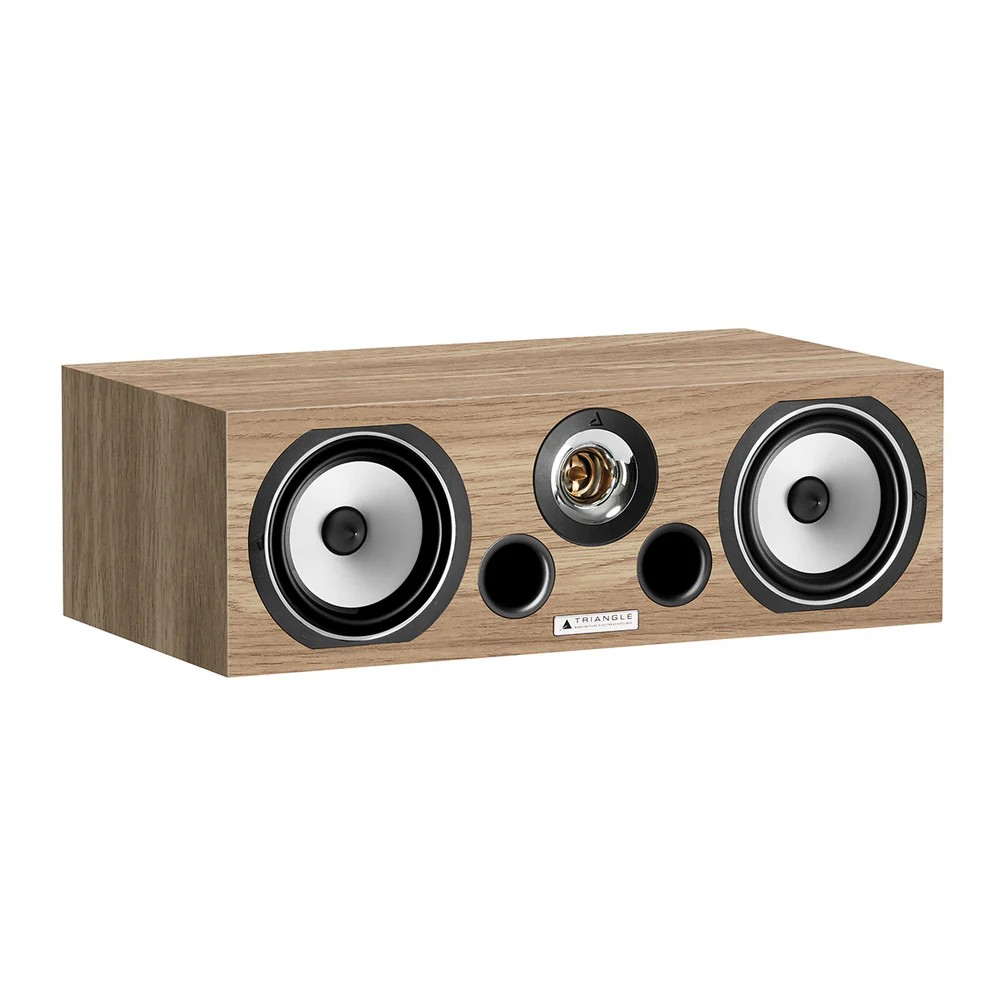 Center Channel – Triangle Voce Ez Triangle brand center speaker in wood veneer with two large side drivers, a central driver, and front ports.