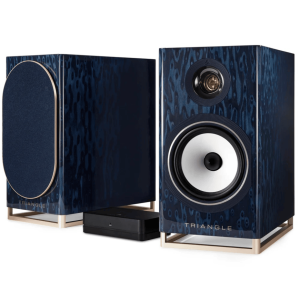 Triangle stereo floorstanding speakers with blue patterned veneer and gold stands; left grille panel, right shows woofer and tweeter.