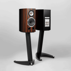 Triangle loudspeakers on black angled stands; left wood veneer cabinet with drivers, right side shows back panel with binding posts.