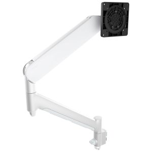 White adjustable desk lamp with clamp-on base and black vented end module.