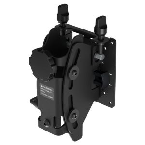 Black adjustable mounting clamp with two knobs and a large circular wheel on a wall-mount plate.