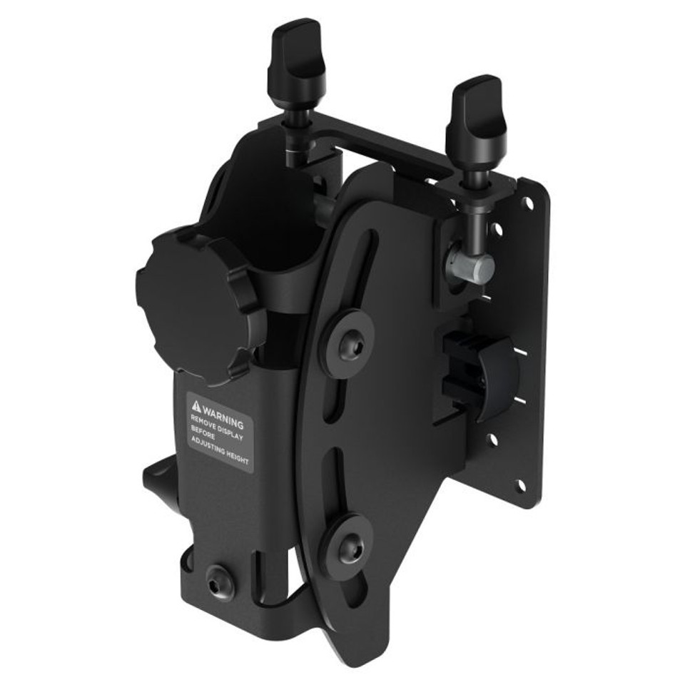 Atdec Awm-Bt-B Black adjustable mounting clamp with two knobs and a large circular wheel on a wall-mount plate.